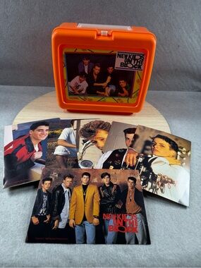 1990 Thermos New Kids On The Block Hard Plastic Lunch Box Orange NKOTB Vintage